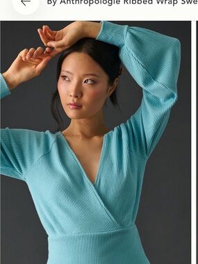 Anthropologie Ribbed V-Neck Blouse - Light Blue